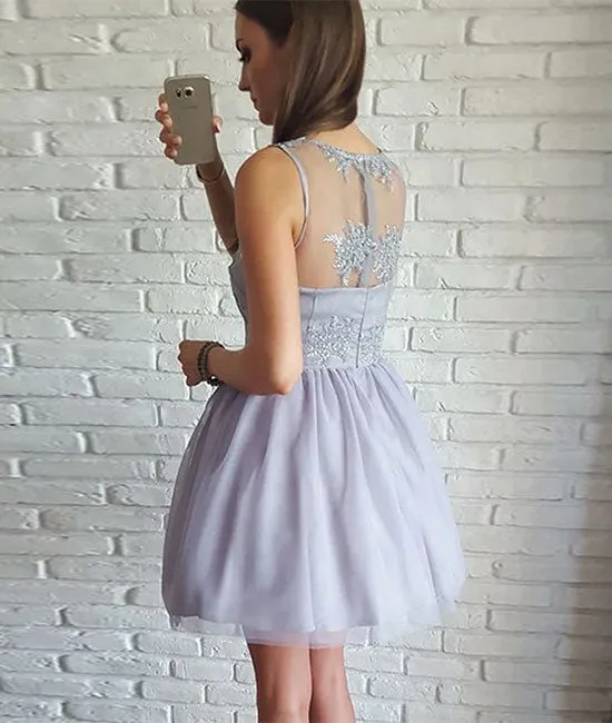 Gray v neck lace tulle short prom dress homecoming dress