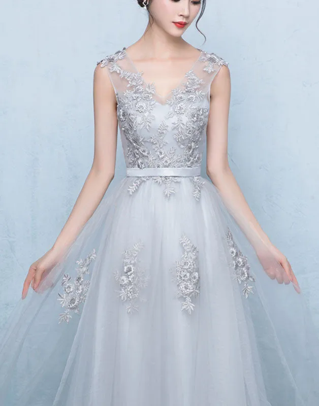Gray v neck tulle lace applique long prom dress, gray bridesmaid dress