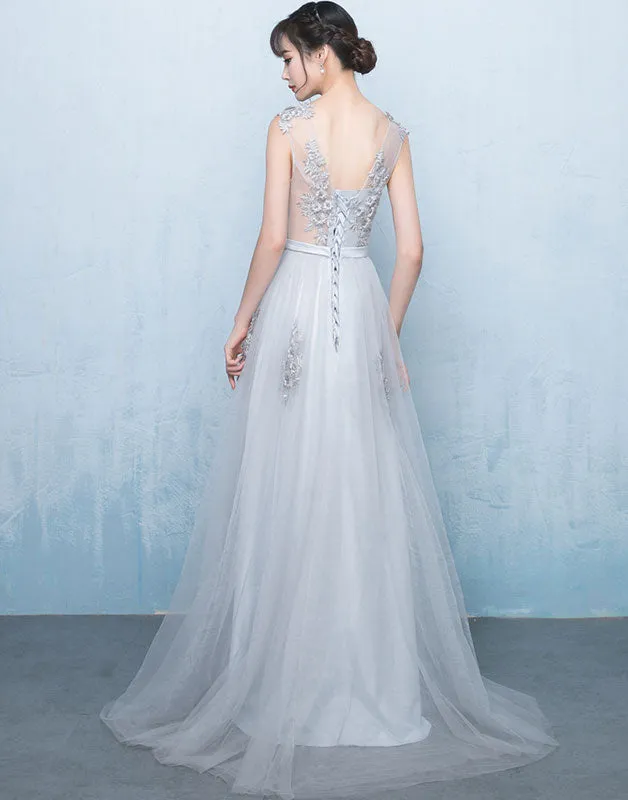 Gray v neck tulle lace applique long prom dress, gray bridesmaid dress