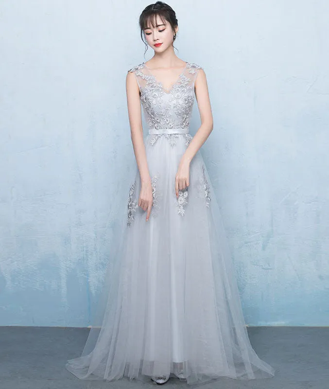 Gray v neck tulle lace applique long prom dress, gray bridesmaid dress