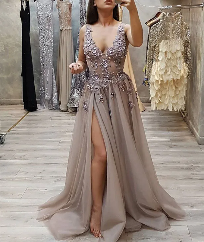 Gray v neck tulle lace long prom dress, gray evening dress