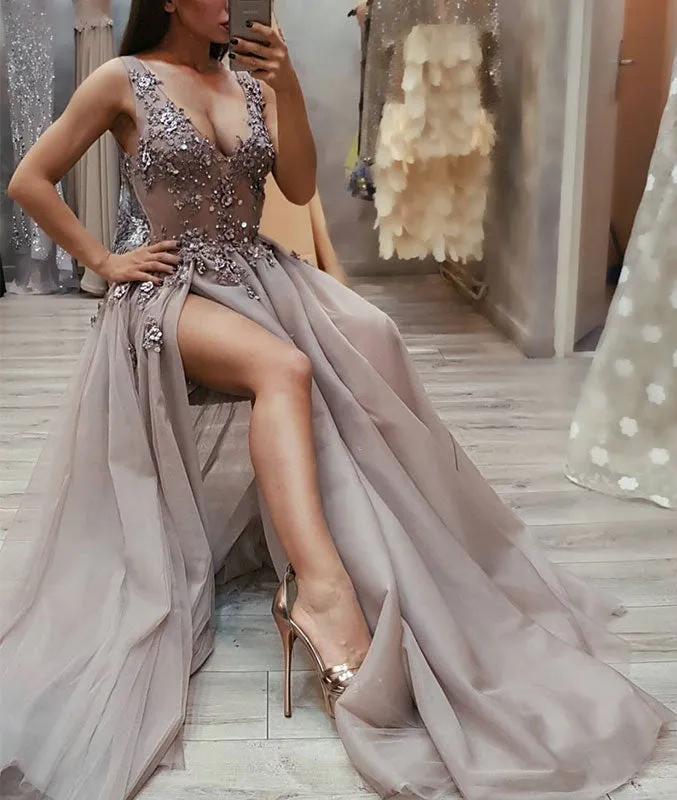 Gray v neck tulle lace long prom dress, gray evening dress