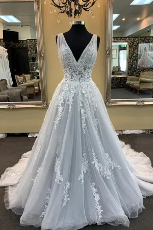 Gray v neck tulle lace long prom dress, gray tulle evening dress
