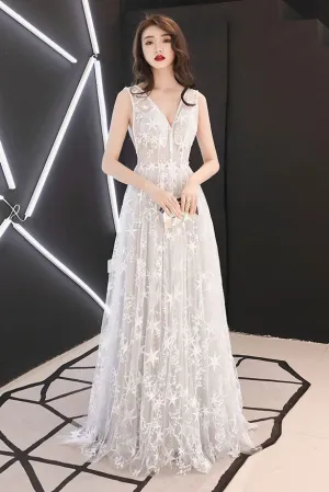 Gray white tulle lace long prom dress, gray tulle evening dress