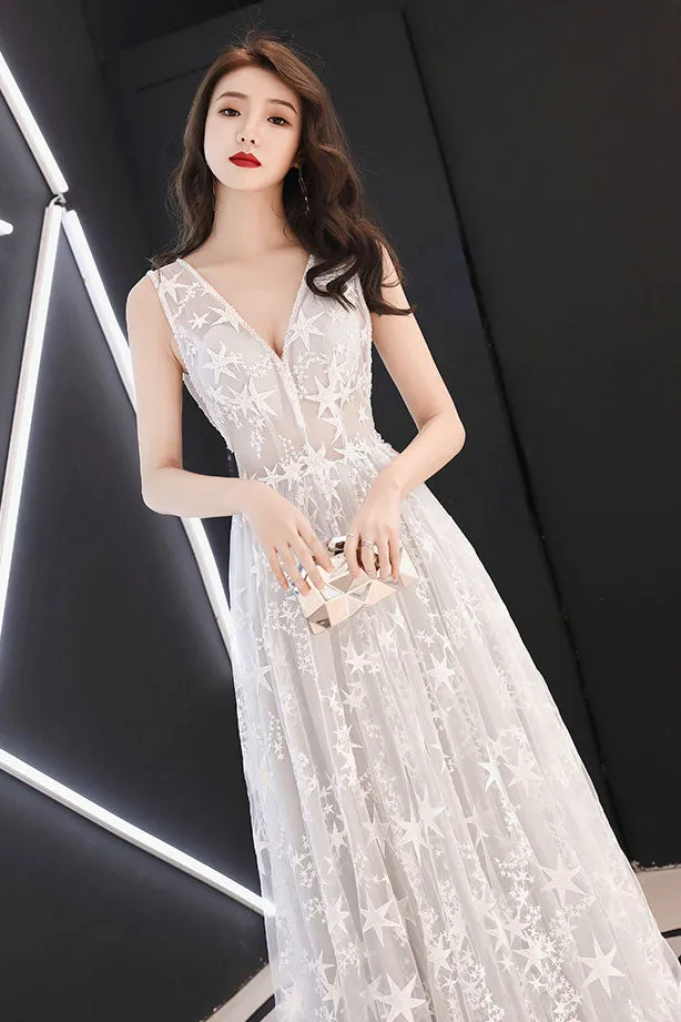 Gray white tulle lace long prom dress, gray tulle evening dress