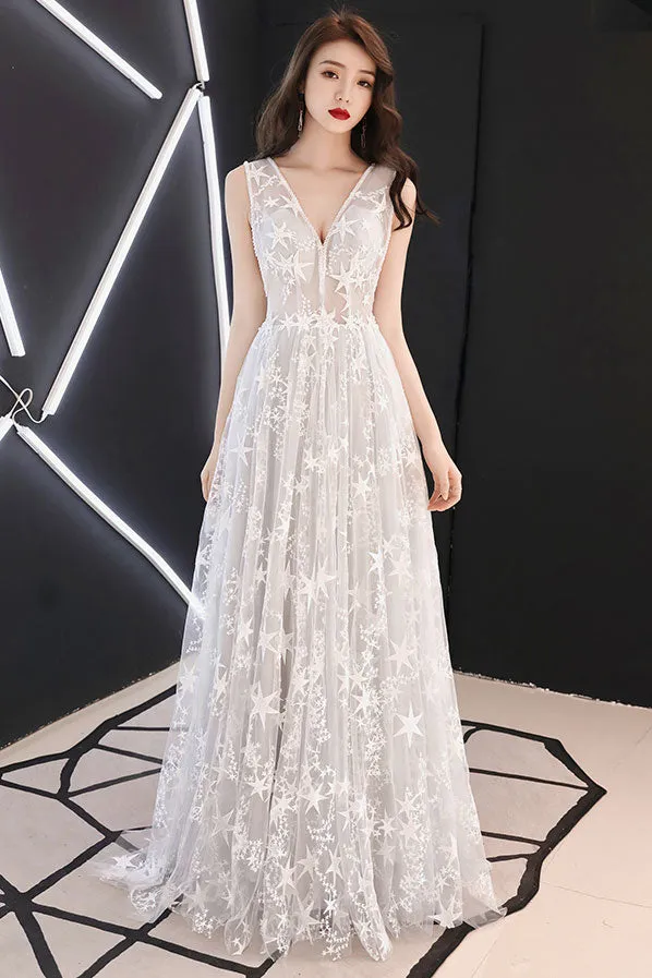 Gray white tulle lace long prom dress, gray tulle evening dress