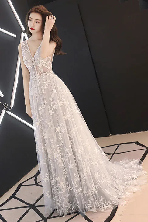 Gray white tulle lace long prom dress, gray tulle evening dress