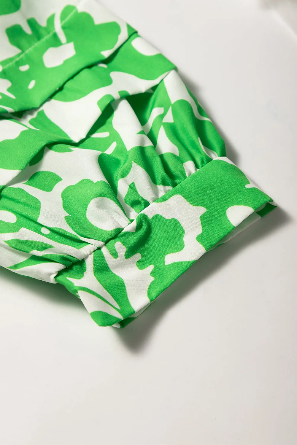 Green Floral Print Puff Half Sleeve V Neck Babydoll Dress