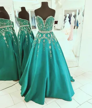 Green sweetheart neck beads long prom dress, green evening dress
