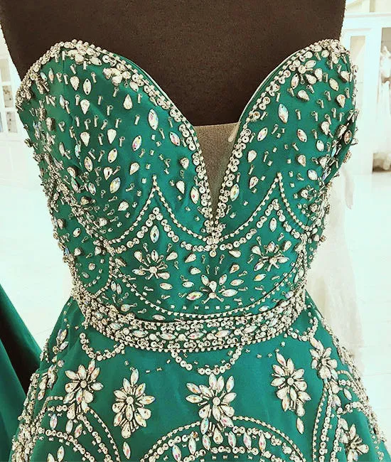 Green sweetheart neck beads long prom dress, green evening dress