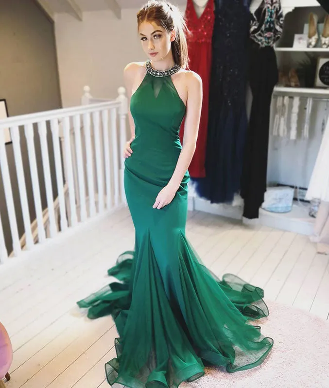 Green tulle mermaid long prom dress, tulle evening dress