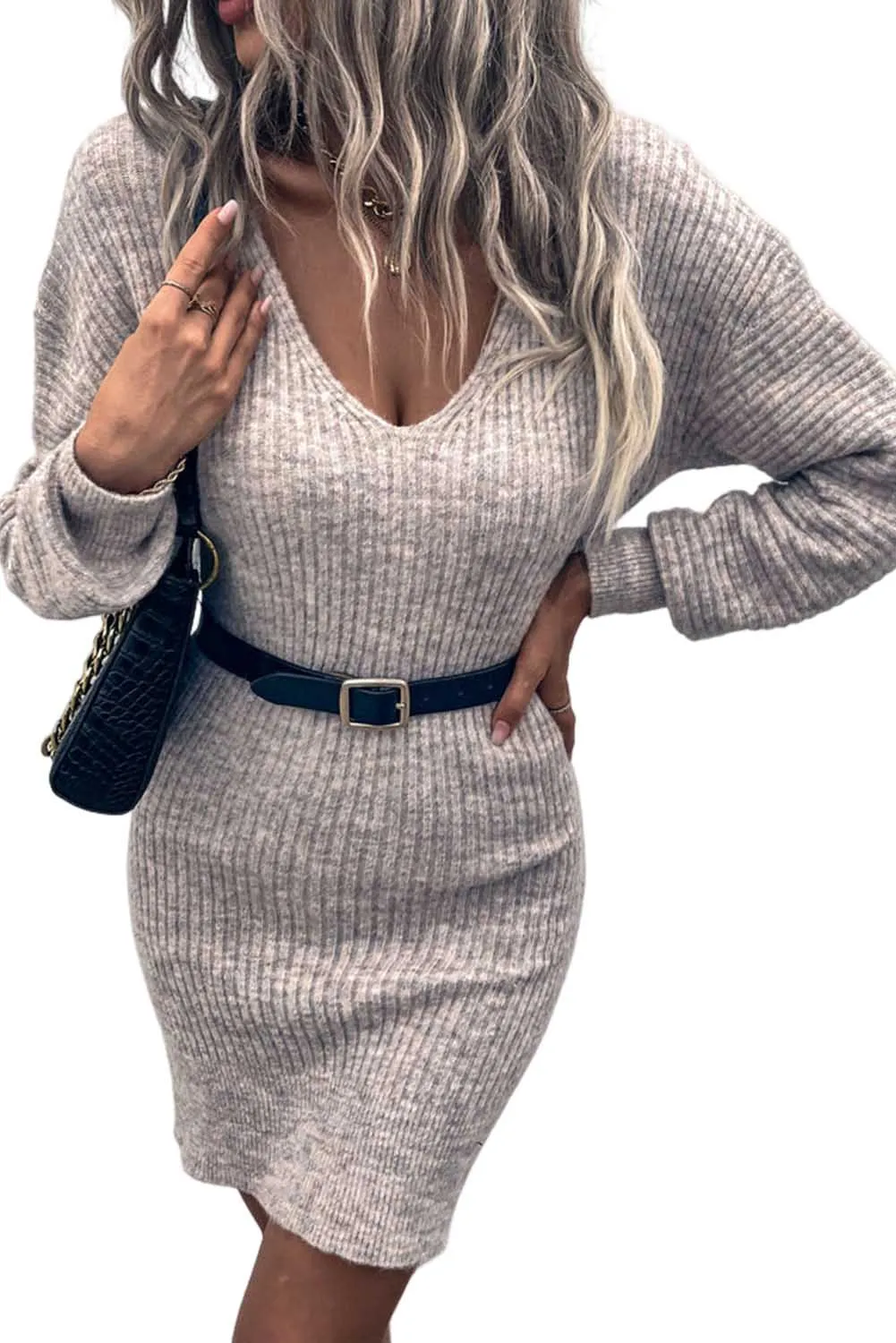 Green V Neck Bodycon Sweater Dress