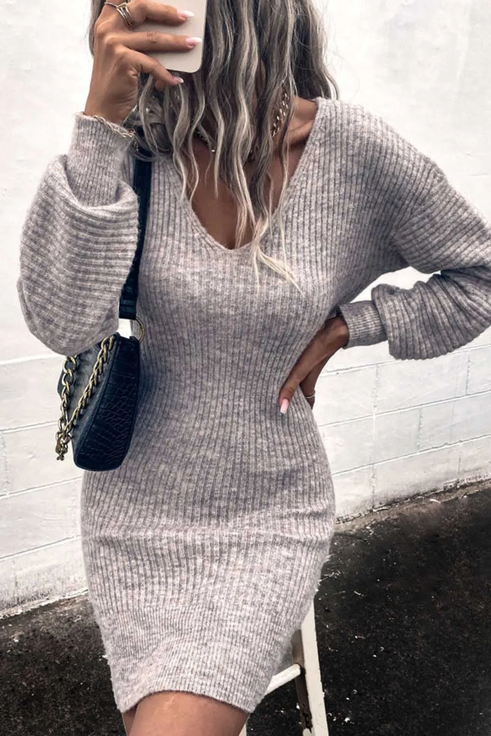 Green V Neck Bodycon Sweater Dress