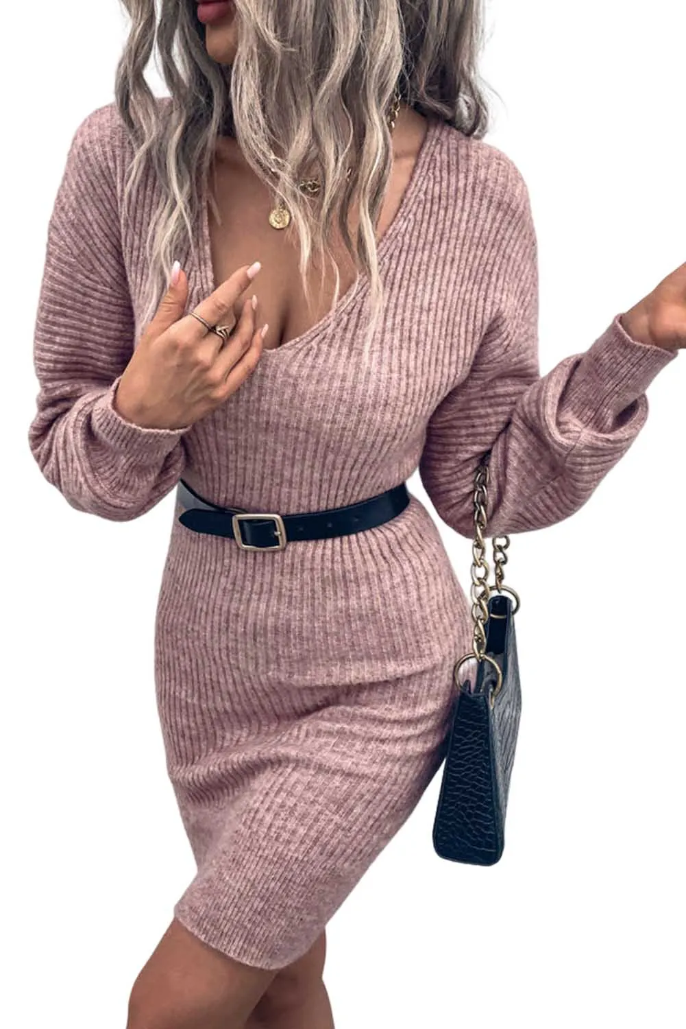 Green V Neck Bodycon Sweater Dress