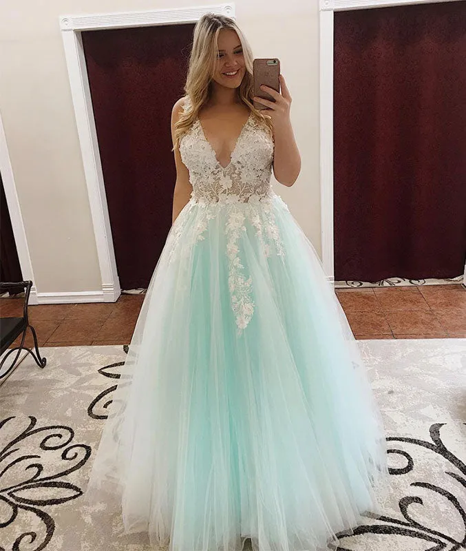 Green v neck lace tulle long prom dress, green tulle evening dress