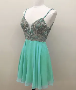 Green v neck sequin beads short prom dress, green homecoming dress
