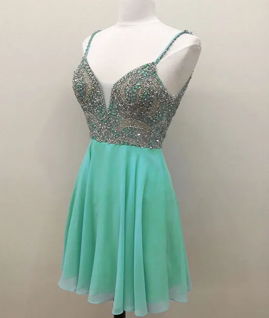 Green v neck sequin beads short prom dress, green homecoming dress