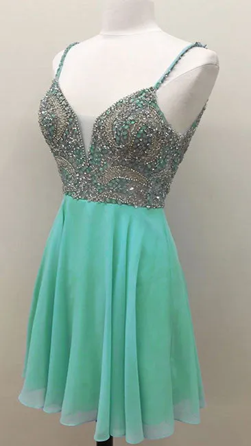Green v neck sequin beads short prom dress, green homecoming dress