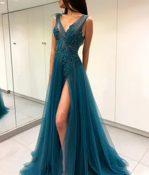 Green v neck tulle long prom dress, green lace evening dress