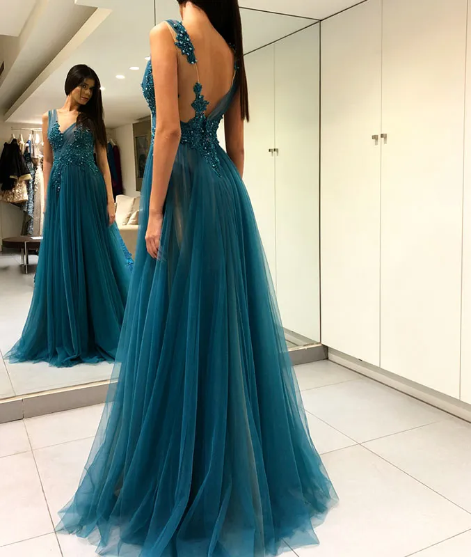 Green v neck tulle long prom dress, green lace evening dress