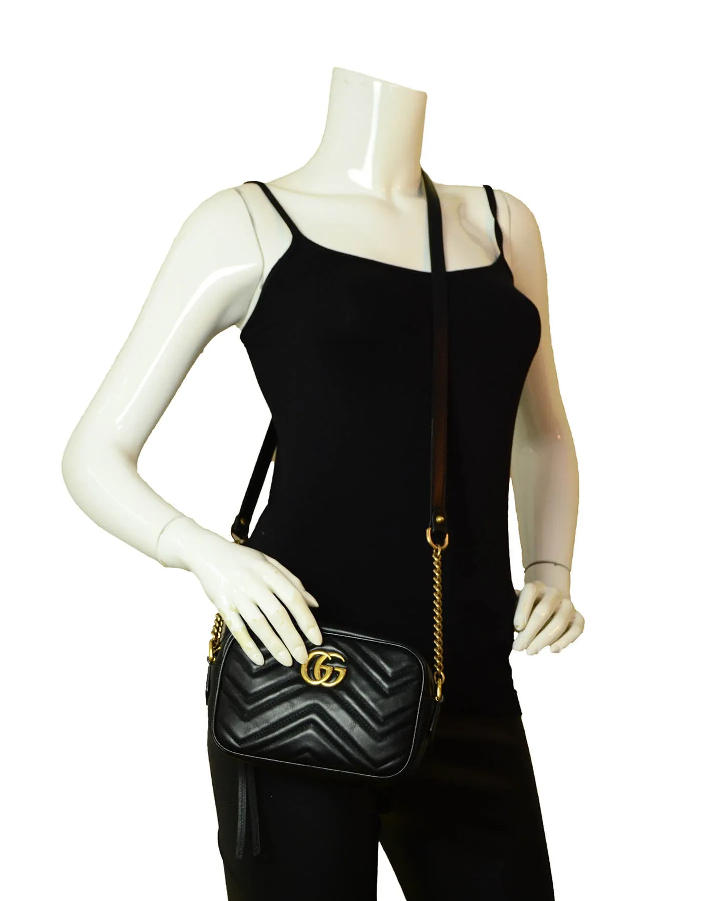 Gucci Black Calfskin Matelasse Mini GG Marmont Crossbody Bag