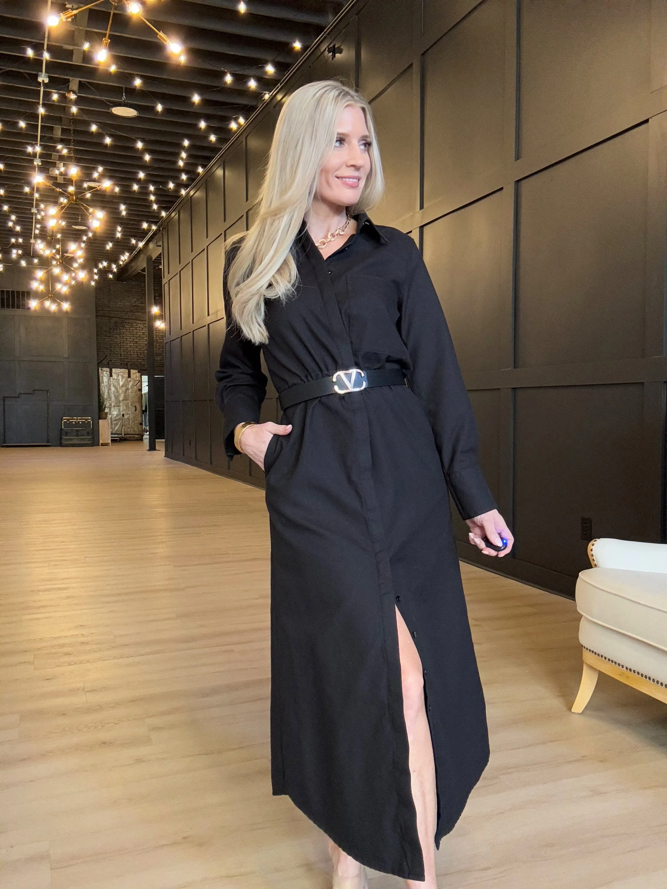 Hancock Alamo Button Down Maxi Dress In Oxford Black