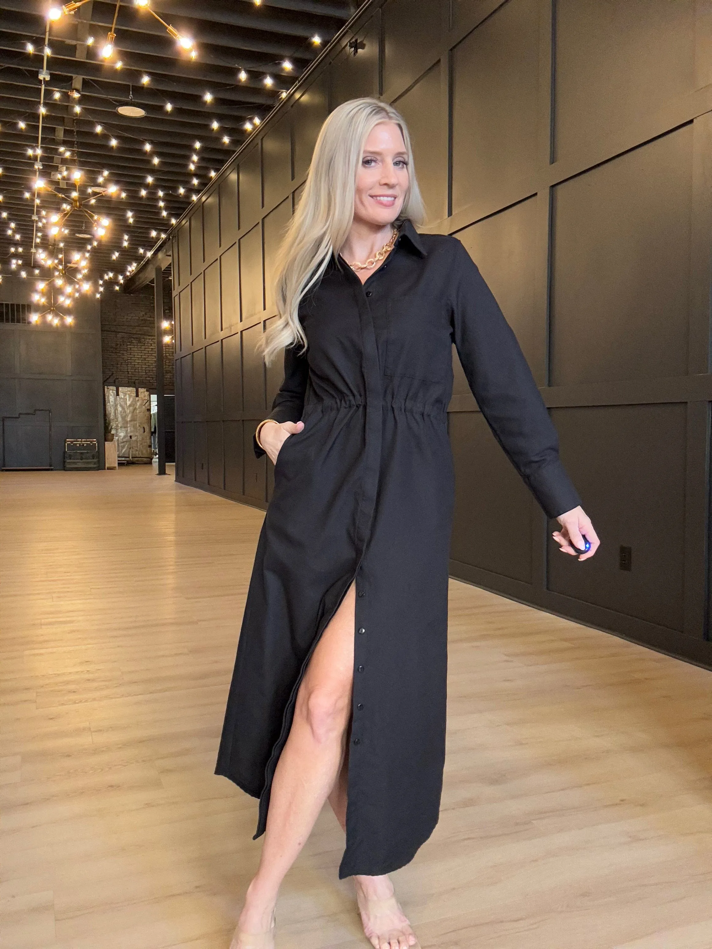 Hancock Alamo Button Down Maxi Dress In Oxford Black