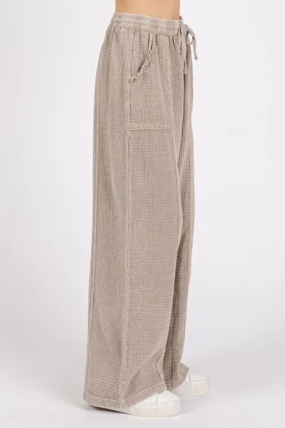 Hazel Blues® |  Mittoshop Lace Trim Detail Elastic Waist Cotton Gauze Pants