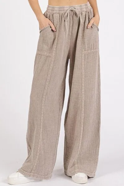 Hazel Blues® |  Mittoshop Lace Trim Detail Elastic Waist Cotton Gauze Pants