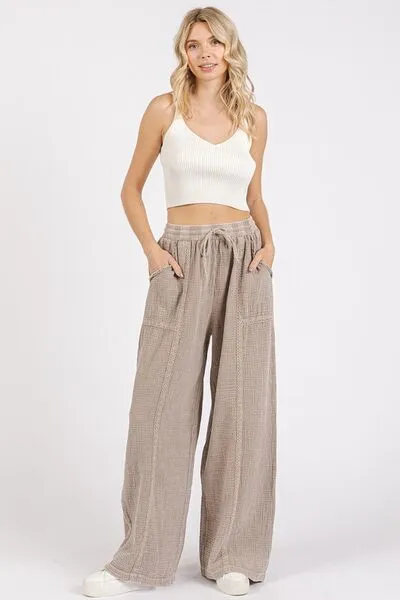 Hazel Blues® |  Mittoshop Lace Trim Detail Elastic Waist Cotton Gauze Pants