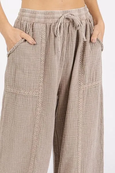 Hazel Blues® |  Mittoshop Lace Trim Detail Elastic Waist Cotton Gauze Pants