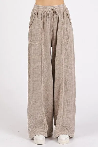 Hazel Blues® |  Mittoshop Lace Trim Detail Elastic Waist Cotton Gauze Pants