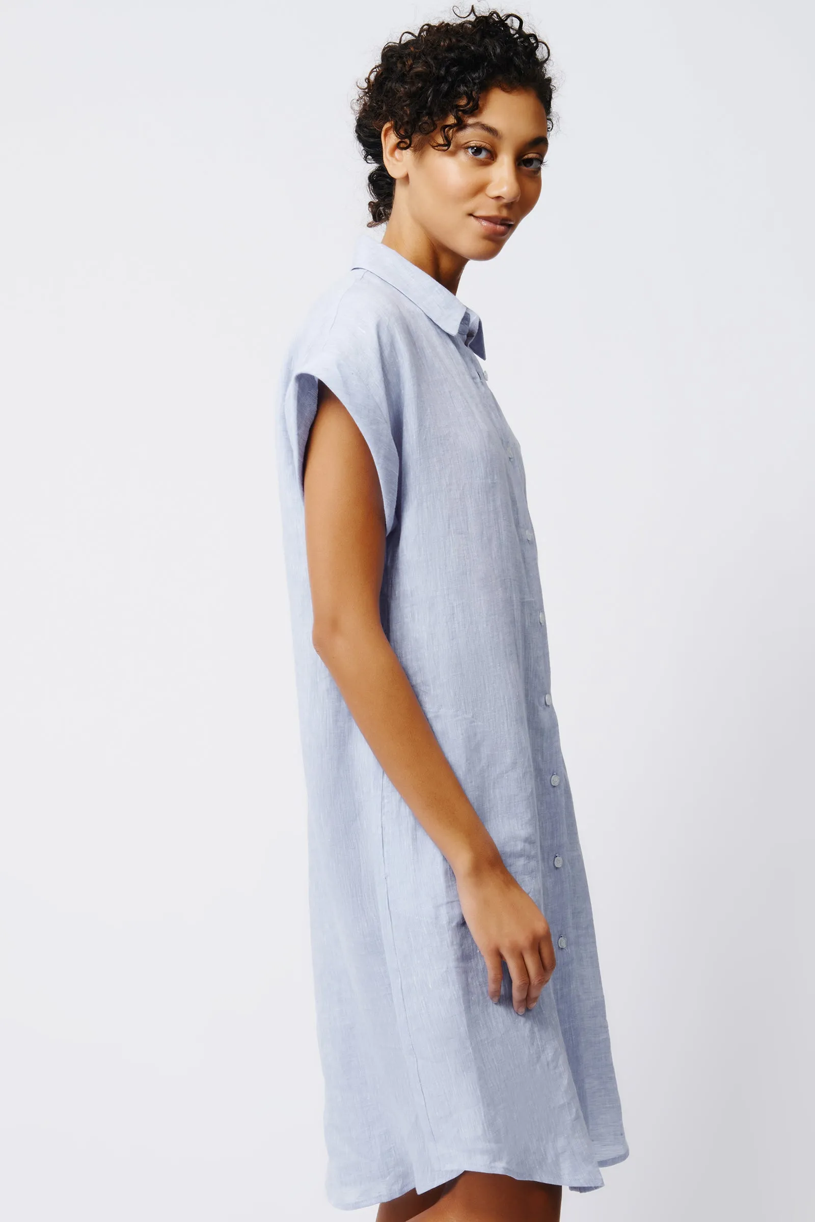 Hedy Cap Sleeve Shirt Dress - Blue Linen