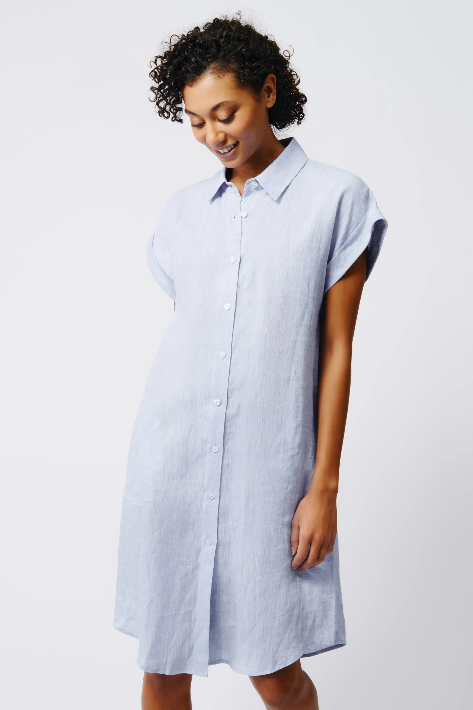 Hedy Cap Sleeve Shirt Dress - Blue Linen