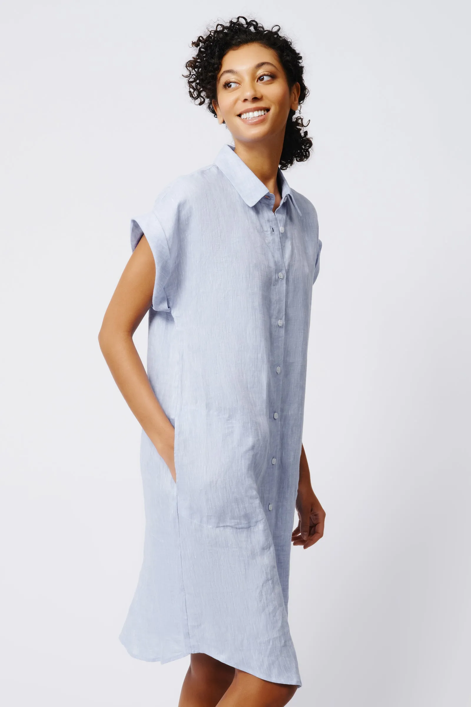 Hedy Cap Sleeve Shirt Dress - Blue Linen
