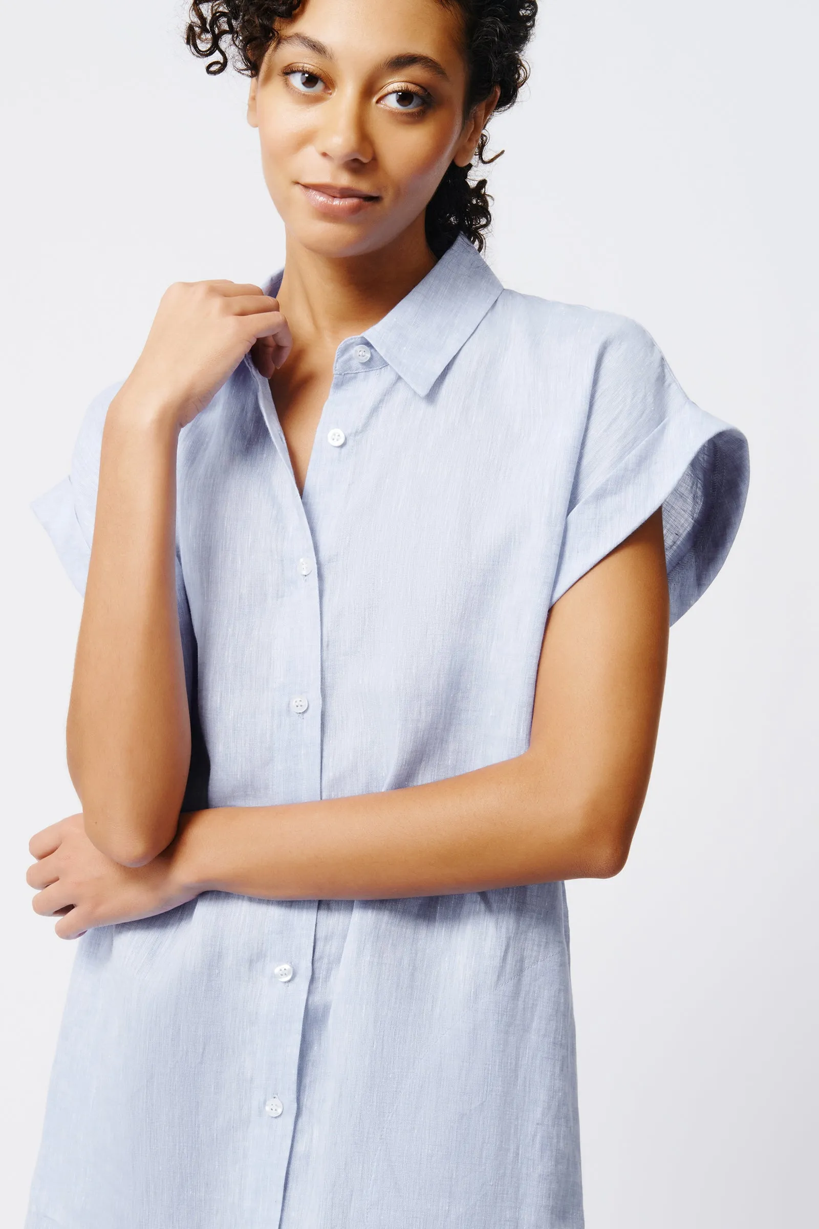 Hedy Cap Sleeve Shirt Dress - Blue Linen