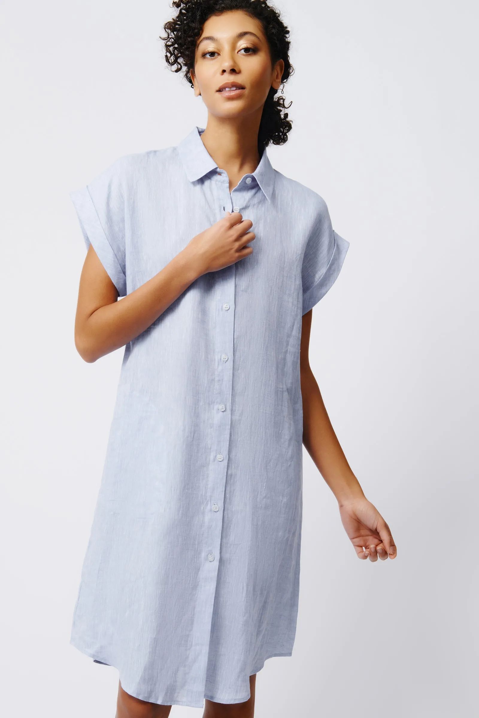 Hedy Cap Sleeve Shirt Dress - Blue Linen