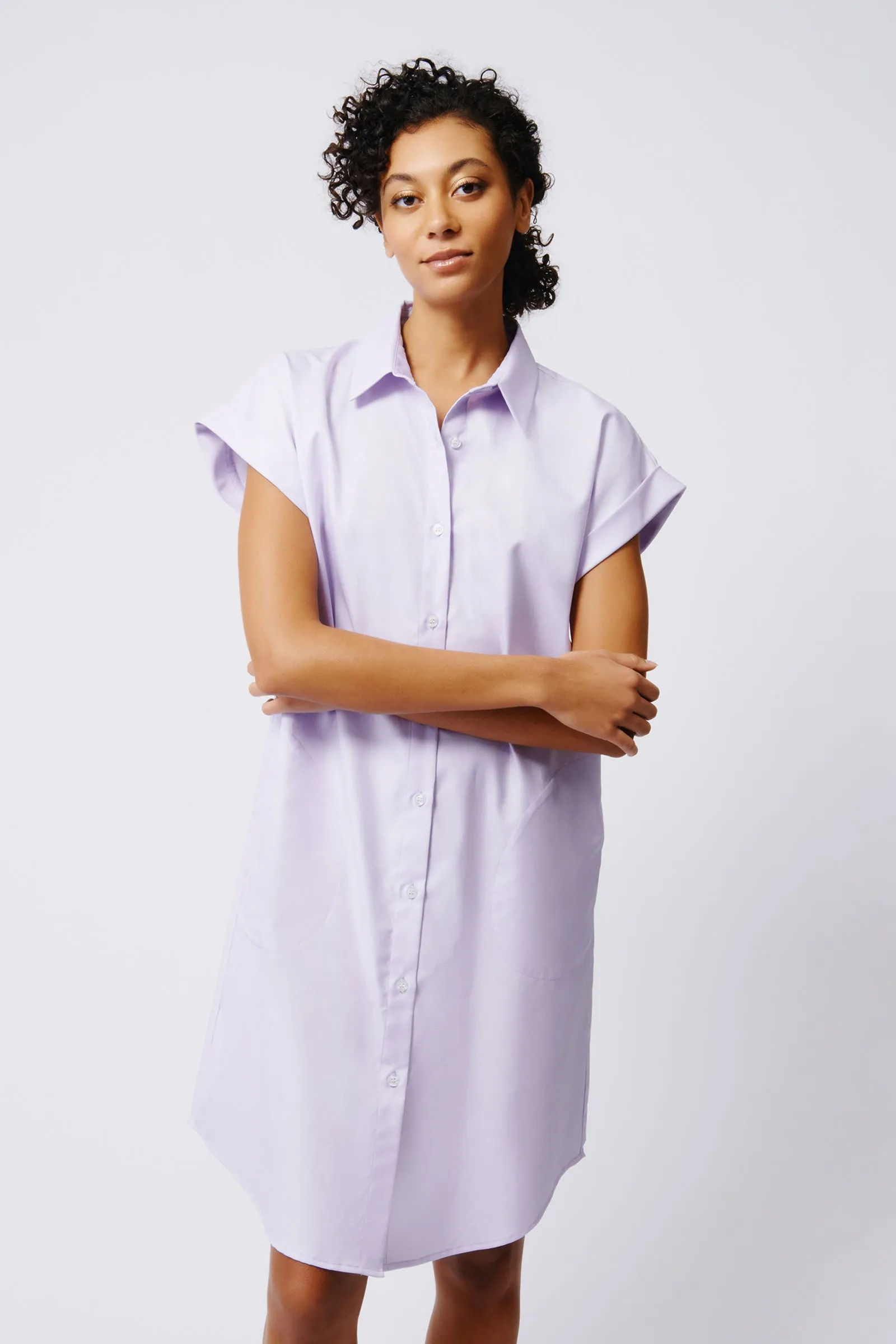 Hedy Cap Sleeve Shirt Dress - Lavender Pinpoint Oxford