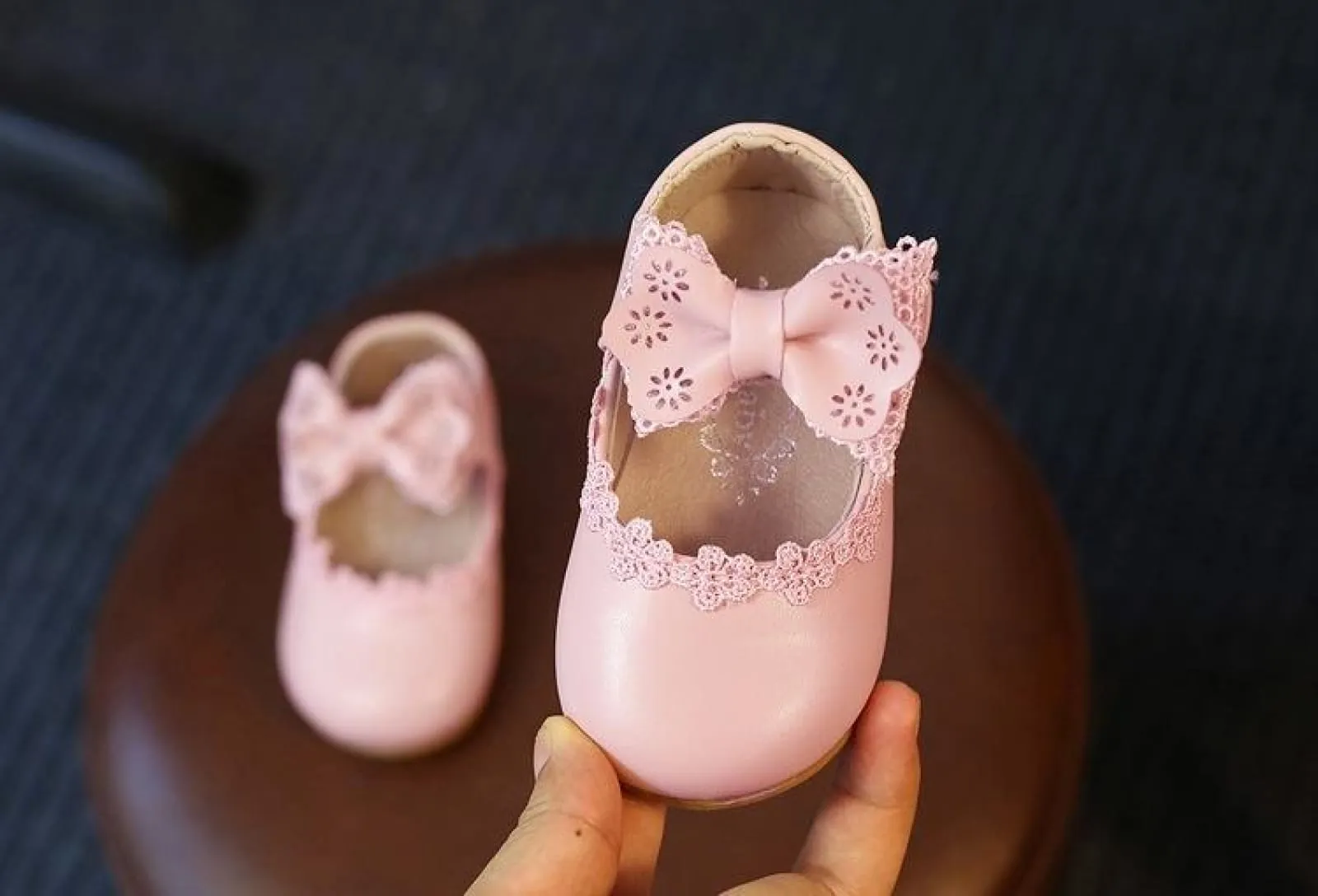 Ivory / Black / Pink Bowtie Cute Leather Flat Baby Girl Shoes Wedding Flower Girl Shoes