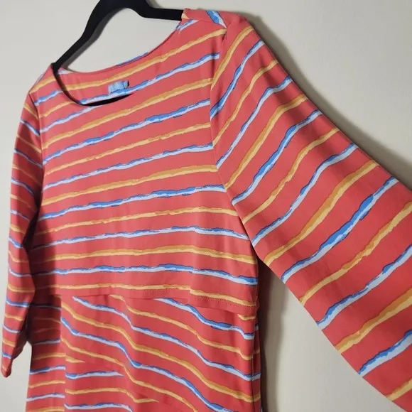 J McLauglin XL Pink Orange Stripe Nicola Tired Dress Knee 3/4 Sleeve Stretch
