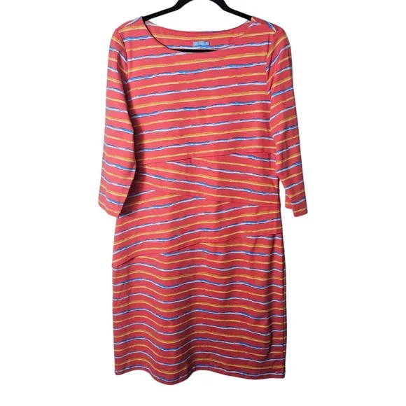 J McLauglin XL Pink Orange Stripe Nicola Tired Dress Knee 3/4 Sleeve Stretch
