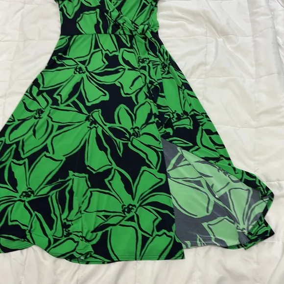 Joseph Ribkoff Floral Wrap Dress US 10 UK 12 Green Navy Midi Slit Vacation Soft