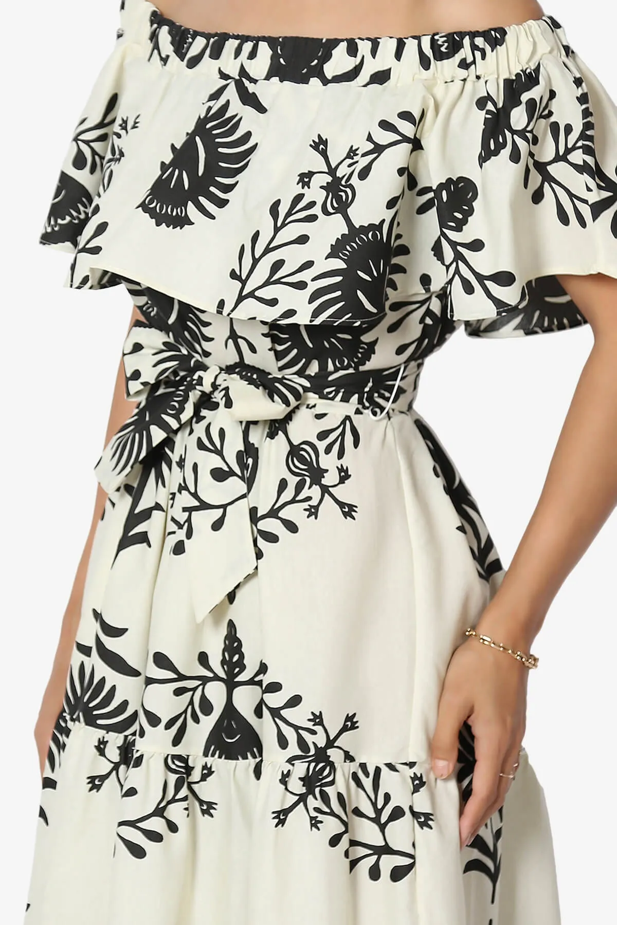 Kenny Ruffle Off Shoulder Floral Woven Long Dress in Black