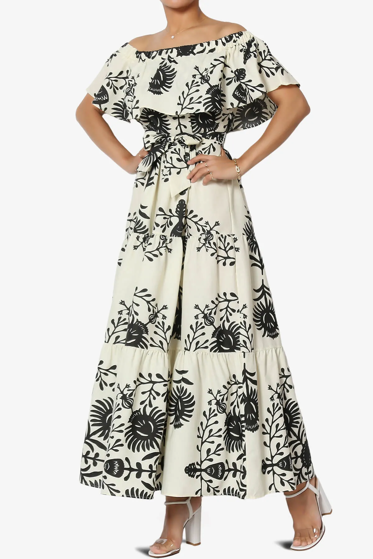 Kenny Ruffle Off Shoulder Floral Woven Long Dress in Black