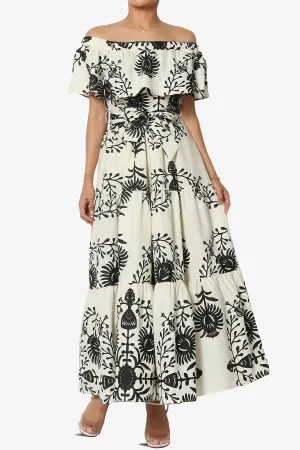 Kenny Ruffle Off Shoulder Floral Woven Long Dress in Black