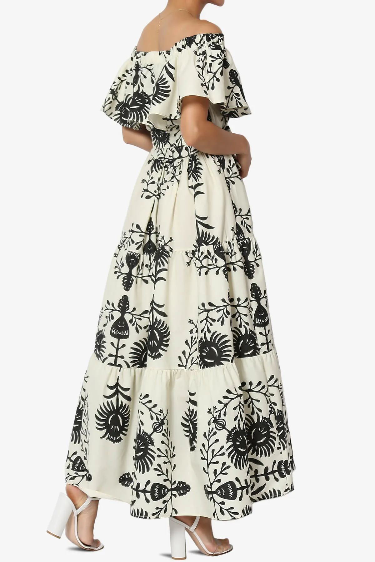 Kenny Ruffle Off Shoulder Floral Woven Long Dress in Black