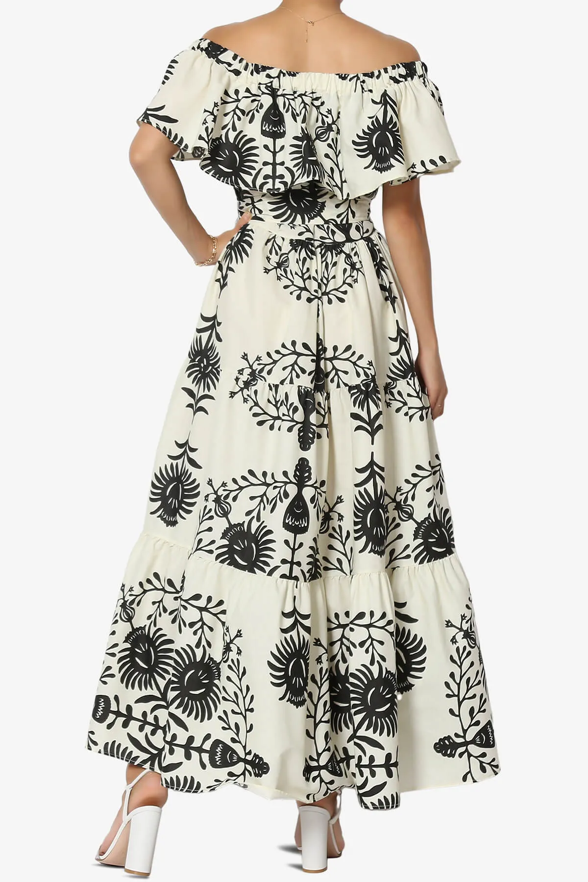 Kenny Ruffle Off Shoulder Floral Woven Long Dress in Black