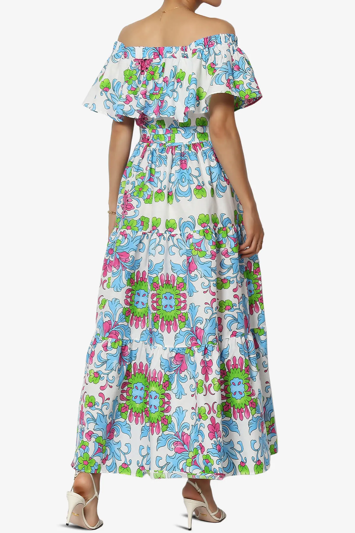 Kenny Ruffle Off Shoulder Floral Woven Long Dress in Light Blue