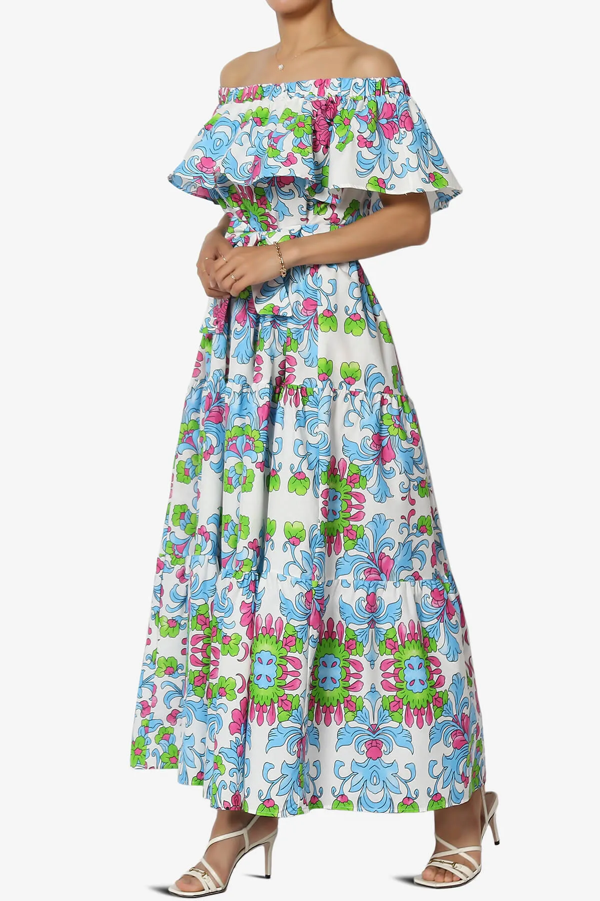 Kenny Ruffle Off Shoulder Floral Woven Long Dress in Light Blue