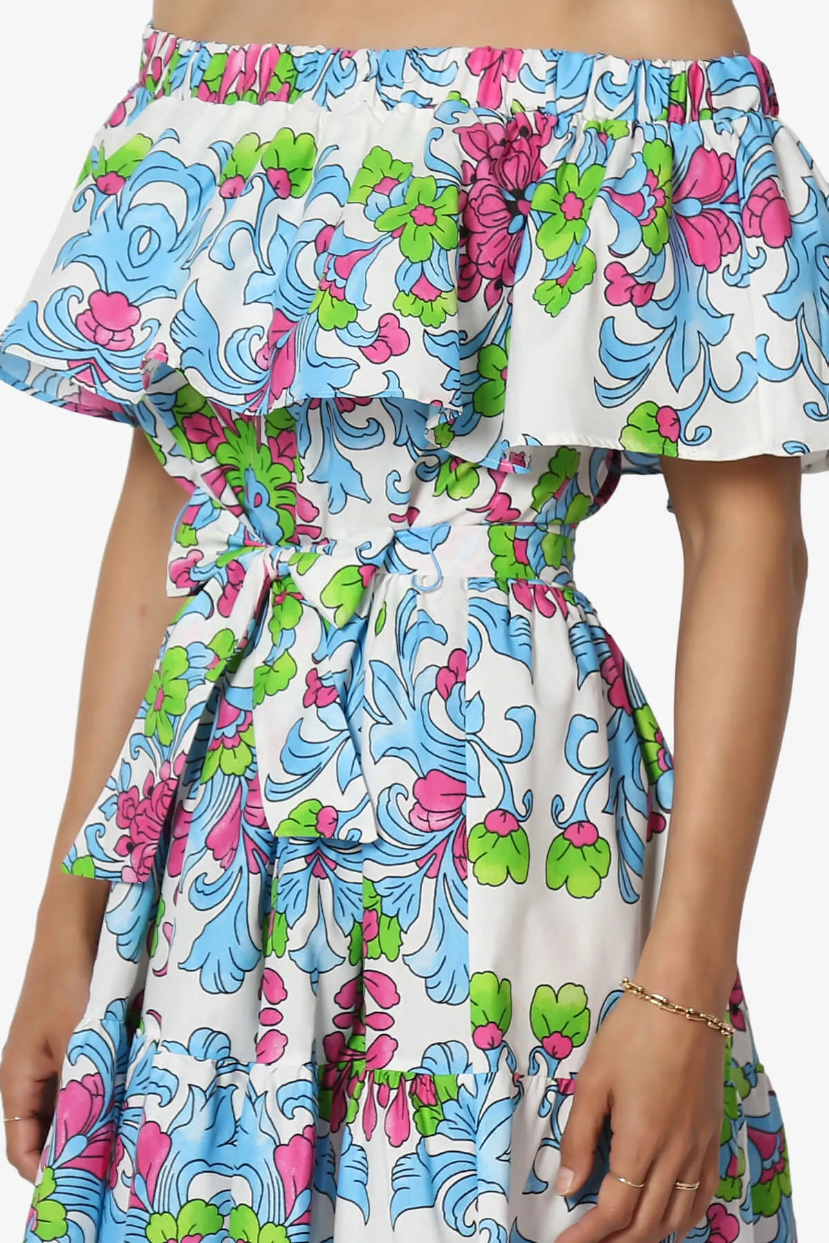 Kenny Ruffle Off Shoulder Floral Woven Long Dress in Light Blue